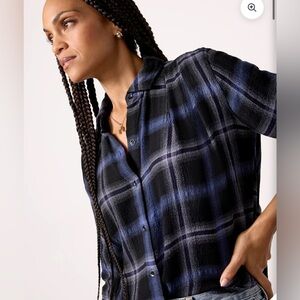 Cloth & Stone Navy and Brown Plaid Button-Down Shirt